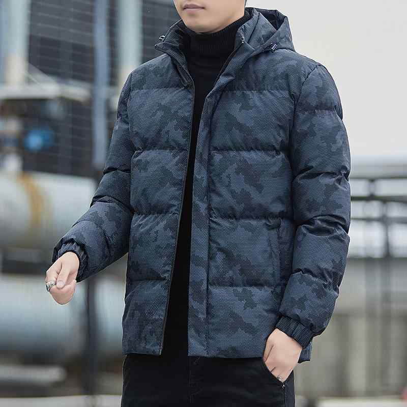 綿上衣 メンズ 秋冬 アウター 上衣 中綿 前掛け 変装柄 ボンネット付き添い人 取りはらい能力のある 朦々たる 防寒 浅薄墨色 深薄墨色 青み(x2)