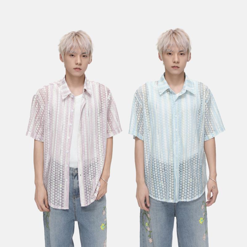 シャツ メンズ 男性用 フレンチスタイル 幾何学模様 薄手 半袖 接触冷感 ポリエステル混紡 開襟 ブルー ピンク系