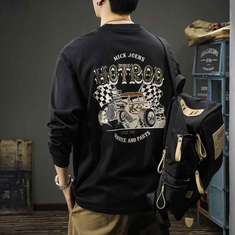 Tシャツ メンズ 男性用 長袖 ビッグシルエット ラウンドネック コットン プリント 春秋 トップス カットソー ブラック ホワイト グレー レッド