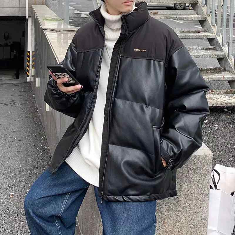 綿ジャケット 男性用 PUレザー 中綿 防寒着 ゆったりサイズ あったか スタンドカラー アウター ブラック アイボリー