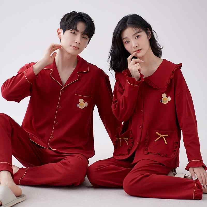 パジャマ 新婚 カップル ペア 夫婦 セットアップ 翻領 前開き レッド 赤 コットン 綿 ルームウェア 部屋着 寝間着 秋冬 春秋 快適 伸縮性 通気性