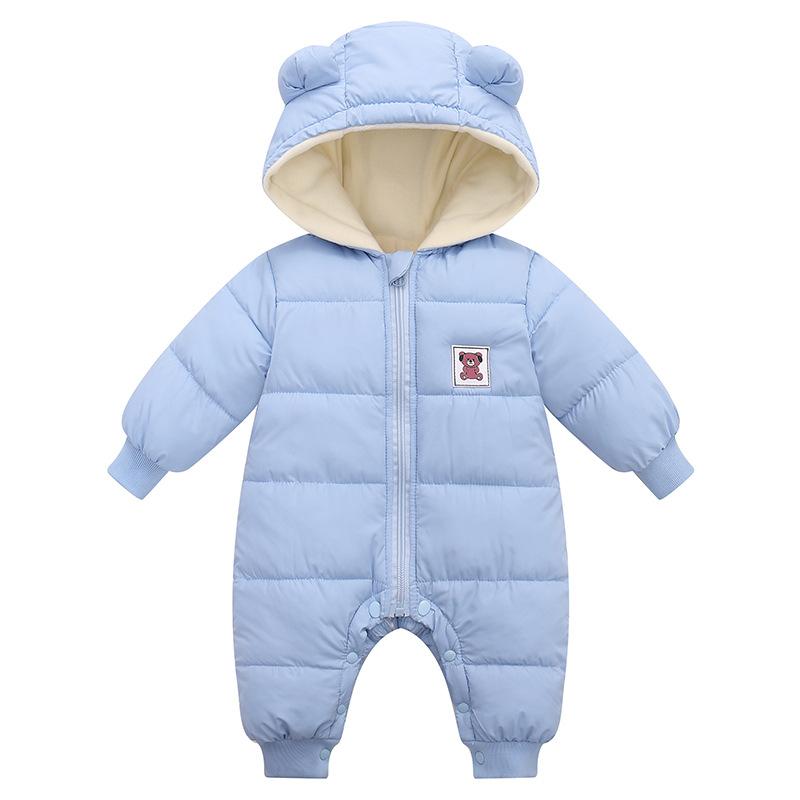 ベビー キッズ 冬用ロンパース カバーオール ダウン風 中綿 フード付き ジャンプスーツ 男女兼用 幼児 1歳 2歳 3歳 長袖 浅ブルー ブラック イエロー ピンク 66cm 73cm 80cm 90cm