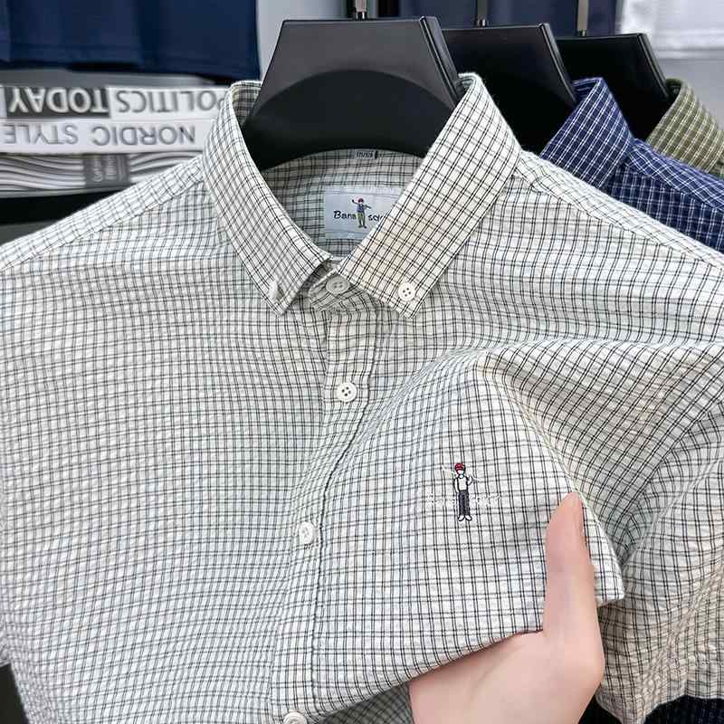 シャツ メンズ 男性用 半袖 コットン 刺繍 通気性 格子柄 涼しい ?松 カジュアル 開襟 普段使い 薄手 ブルー グリーン グレー