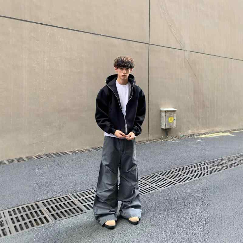 パーカー メンズ 男性用 無地 ジップアップ フーディ 秋冬 ドロップショルダー オーバーサイズ ルーズフィット ポリエステル ブラック グレー