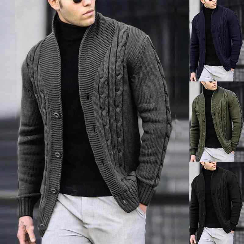 ニット カーディガン メンズ 男性用 秋冬 厚手 防寒 リブ編み ケーブル編み ゆったり 大きいサイズ 白 黒 紺 化繊