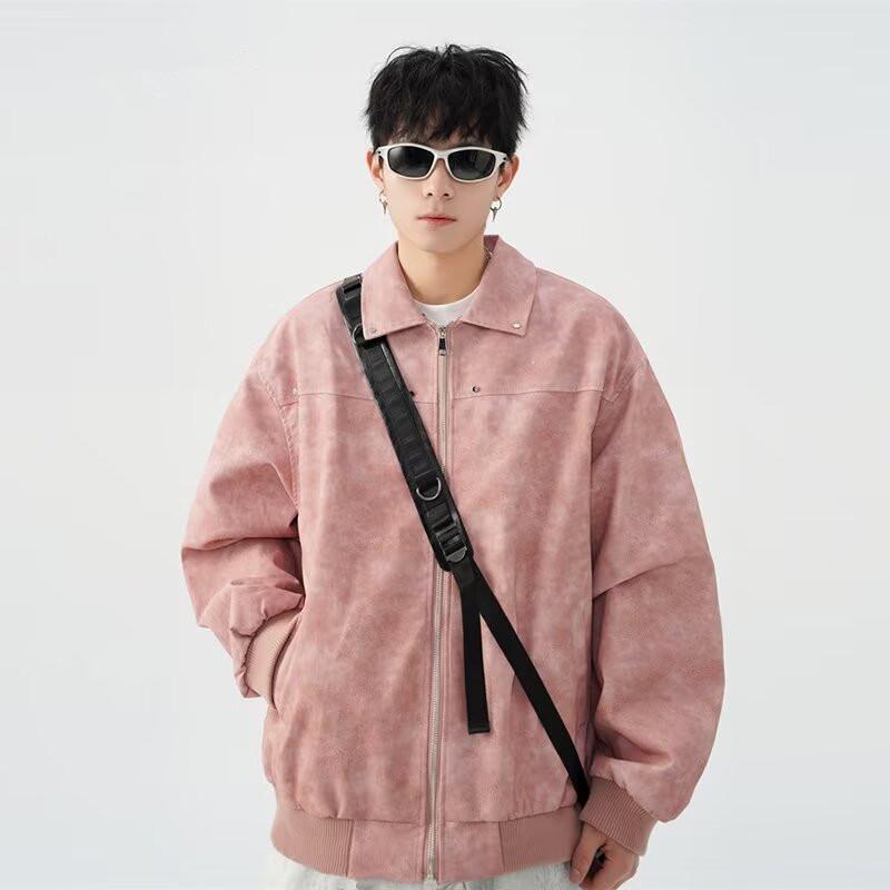 ジャケット 男性用 PUレザー ブルゾン レトロ ストリート ライダース 鋲付き 襟付き 春秋 アウター 普段使い カジュアルスタイル ブラウン グレー ピンク系 耐摩耗性 防風 ゆったり 金属装飾