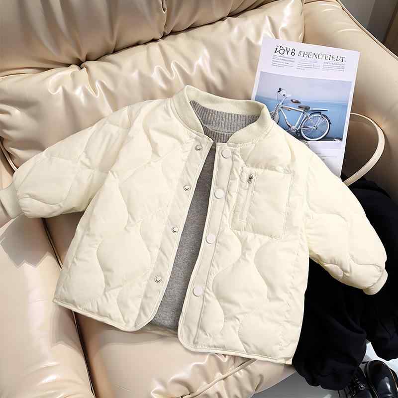 子供用綿ジャケット 秋冬 薄手 中綿 アウター キッズ ベビー 男女兼用 ナイロン ミドル丈 切り替え 無地 普段着 かわいい 裏地ポリエステル ホワイト系 グリーン ブラック