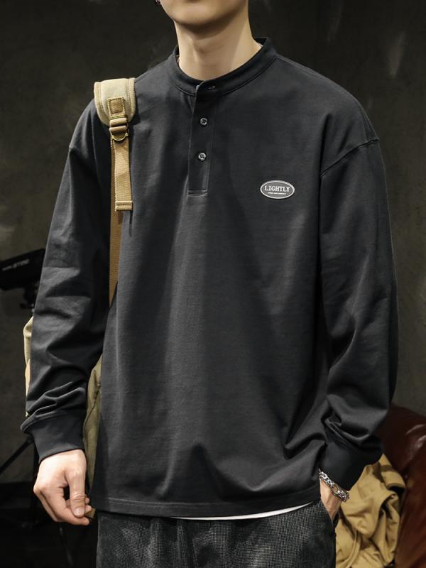 Tシャツ メンズ 男性用 ヘンリーネック 長袖 裏起毛 スウェット プルオーバー カットソー トップス 普段着 部屋着 秋冬 大サイズ 無地 ブラック ホワイト グリーン