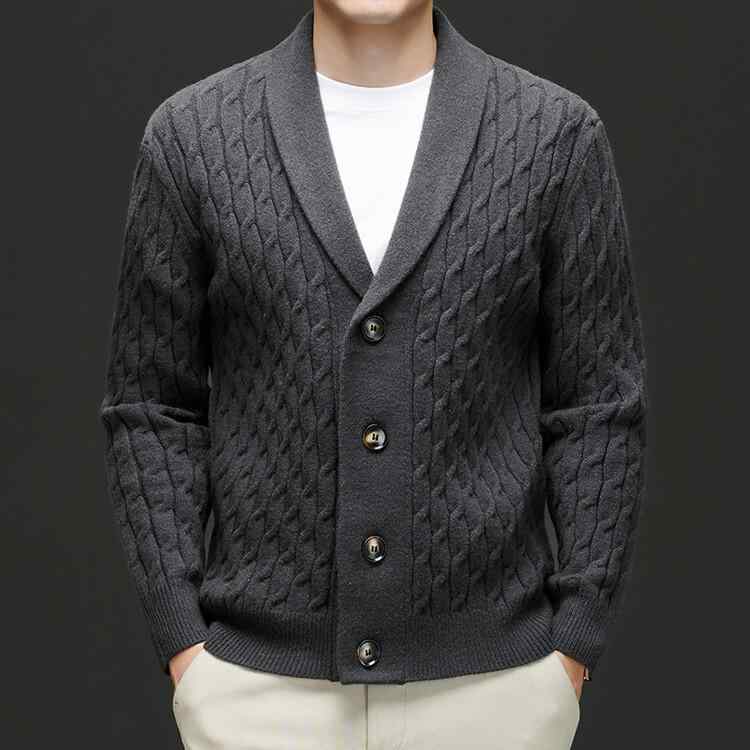 カーディガン メンズ ニット ウール混紡 厚手 ケーブル編み Vネック 長袖 トップス 秋冬 普段使い リラックス おしゃれ ブラック系