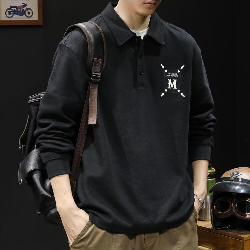 スウェット メンズ 男性用 長袖 Tシャツ ポロネック 春秋 薄手 コットン 墨緑 カーキ 黒 普段使い リラックス