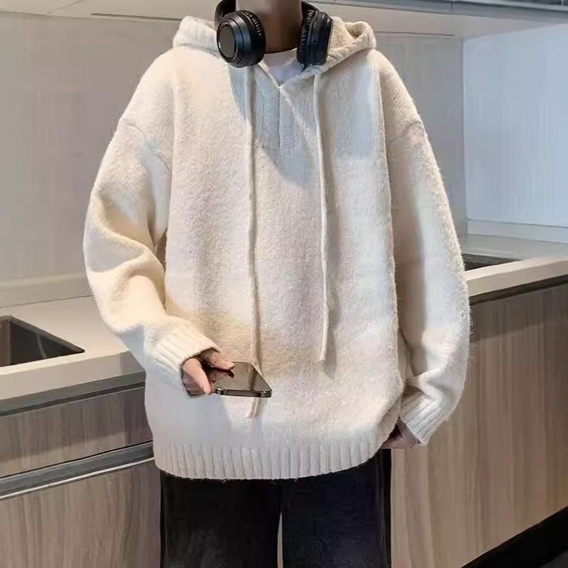 ニット メンズ ニットカーディガン 長袖 杏色 ゆったり フード付き リブ裾 プルオーバー 韓国 オータム ポリエステル混紡