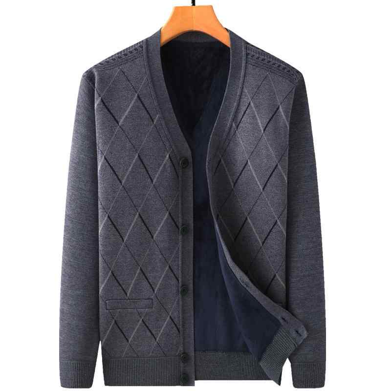 ニット カーディガン 男性用 Vネック 裏起毛 厚手 あったか 冬 トップス シニア 紳士服 普段使い 部屋着 ポリエステル 混紡 グレー