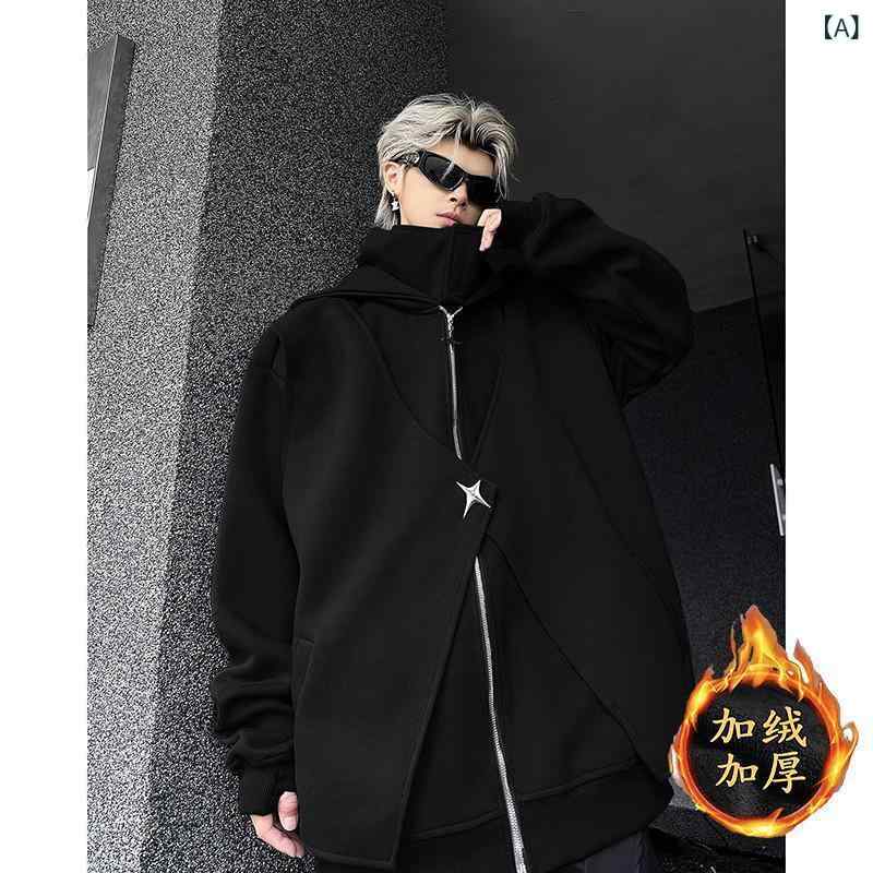 パーカー メンズ 秋冬 裏起毛 ハイネック フェイクレイヤード ストリート系 フード付き ルーズフィット ポリエステル ブラック ダークグレー