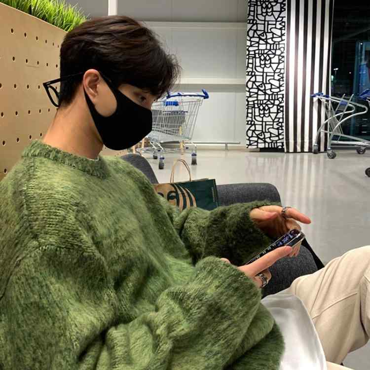ニット メンズ ニットセーター ラウンドネック 長袖 リブ 裾 カジュアル 韓国 ゆったり 普段着 デイリーウェア グリーン グレー