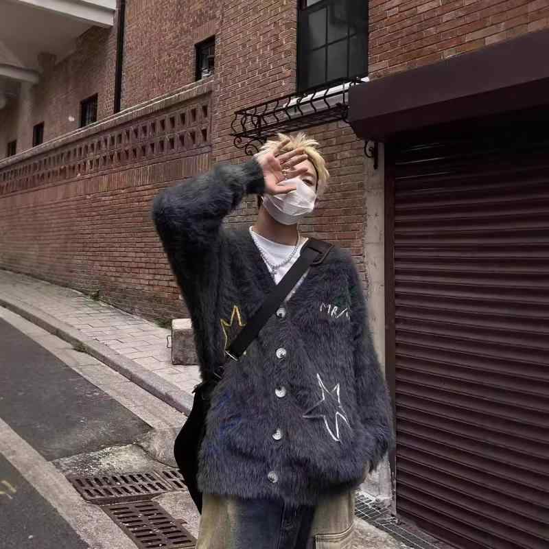 ニット カーディガン メンズ 男性用 秋冬 星柄 刺繍 ?? レトロ トップス 羽織り物 普段使い デイリー