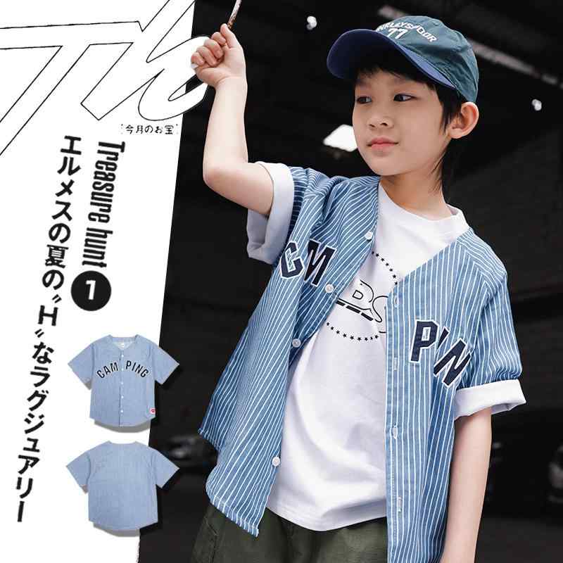 シャツ キッズ 男の子 ストライプ柄 半袖 コットン トップス 子供用 野球服風 開襟シャツ デニムブルー(x3)|LINEAR shop