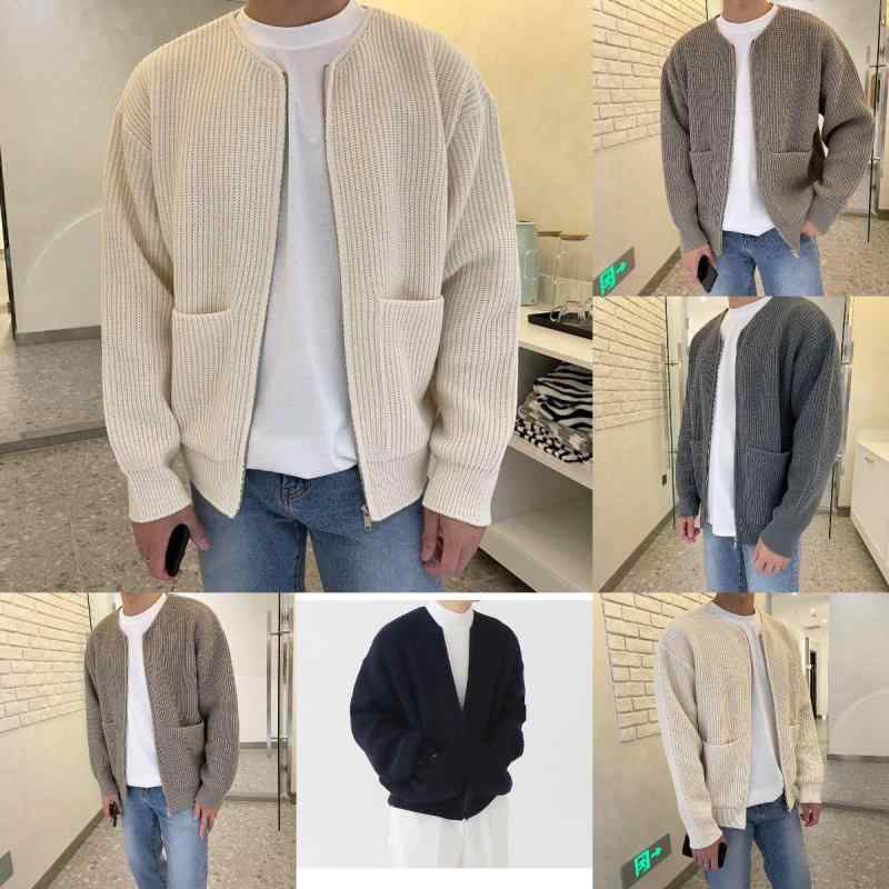 ニット メンズ 男性用 秋冬 長袖 立襟 コットン セーター トップス カットソー 厚手 スリム 杏色 深青 黒 グレー