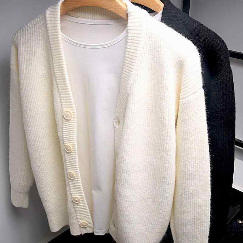 カーディガン メンズ ニット 春物 秋物 韓国 オーバーサイズ Vネック 長袖 トップス ゆったり 大きめサイズ アクリル オフホワイト ブラック