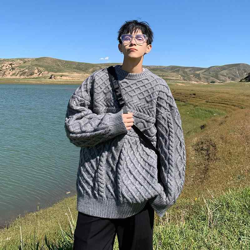ニット メンズ ニットセーター 厚手 リブ編み 配色 クルーネック プルオーバー 伸縮性 ポリエステル レトロ 春秋冬 ブラック グレー