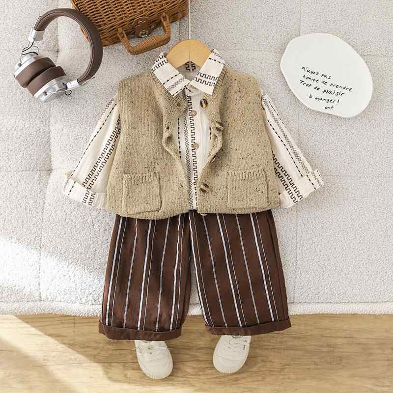 子供服 セットアップ 男児 春秋 ニットカーディガン シャツ パンツ 3点セット 綿 80cm 90cm 100cm 110cm 120cm