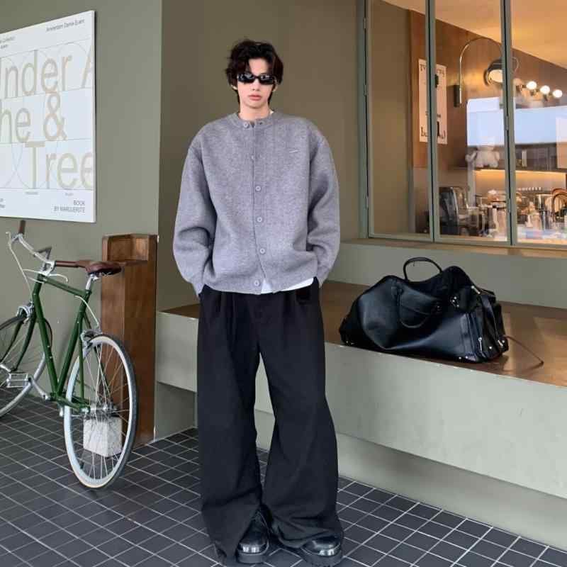 ニット カーディガン メンズ 野球襟 長袖 無地 ゆったり カジュアル トップス 秋冬 ポリエステル 洗濯機洗い可能 グレー 黒