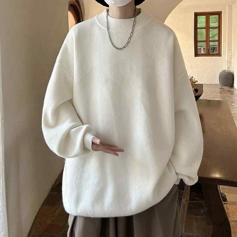 ニット メンズ 春秋 ニットトップス 無地 長袖 ラウンドネック プルオーバー 普段使い リラックス ゆったりめ ポリエステル混紡 ホワイト グレー ブラック ブラウン レッド ベージュ