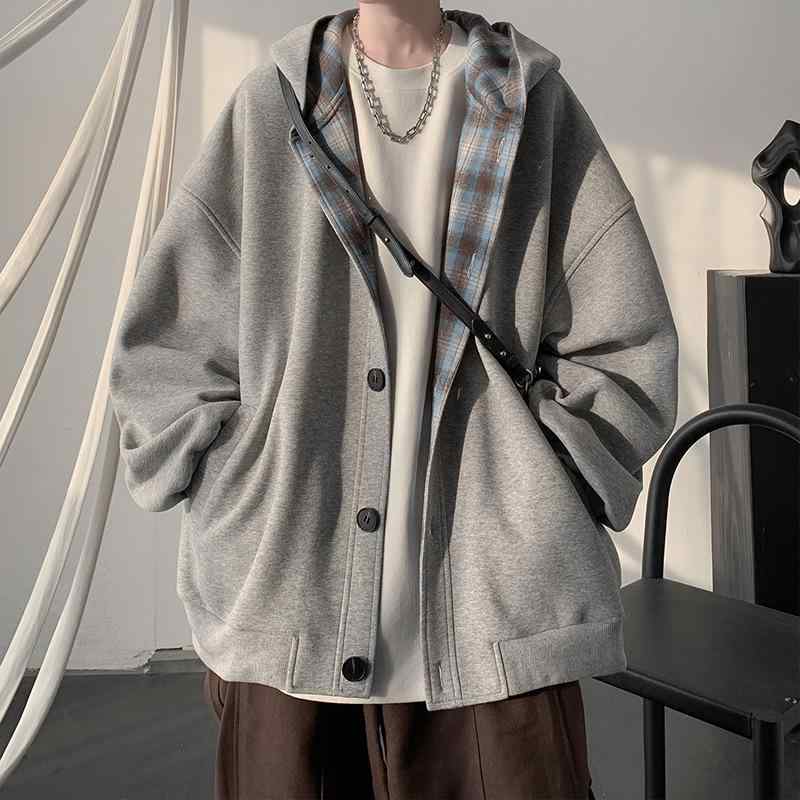 パーカー メンズ 春秋 格子柄 切り替え フード付き スウェット カーディガン ジャケット ゆったり スポーツMIX スタイル 普段使い