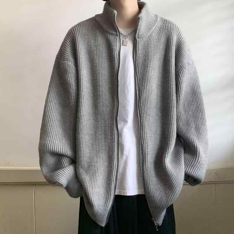 ニットカーディガン メンズ 男性用 ルーズフィット ゆったり 立襟 セーター トップス 秋冬 厚手 港風 普段使い ブラック グレー
