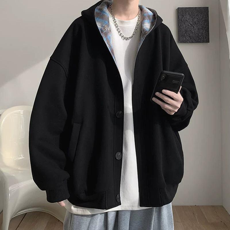 パーカー メンズ 春秋 格子柄 カーディガン 長袖 トップス フード付き 学院風 ゆったり ラグラン袖 スウェット 上着 羽織(x2)