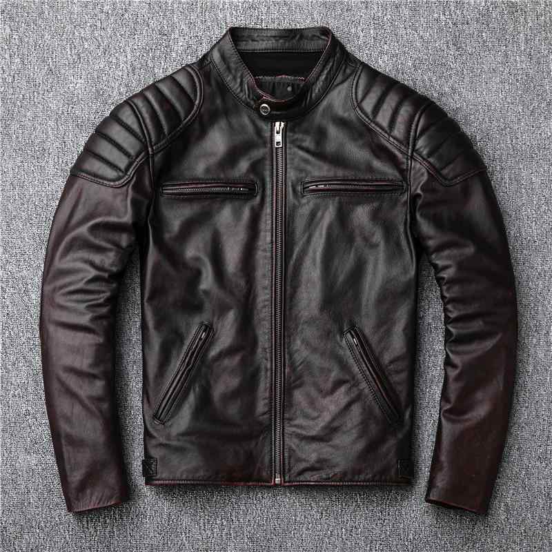 なめし革上衣 メンズ 成人男性用 牛皮 革 皮ジャン ライダースジャケット 上衣 立襟 アメカジ 赤銅色 黒いこと 練りあわせる型 裏地ポリエステル 秋冬(x3)