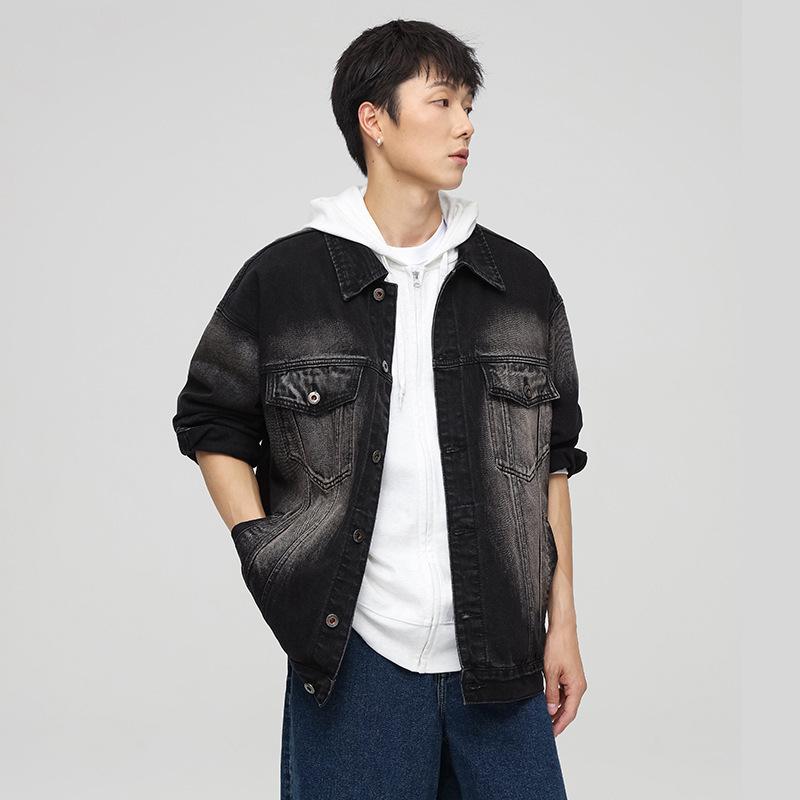 ジャケット メンズ デニム ウォッシュ加工 古着風 ワークジャケット ゆったり 春秋 黒 M L XL 2XL 3XL 4XL 5XL