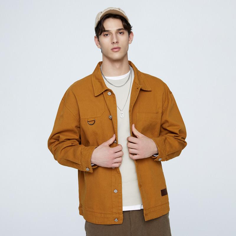 ジャケット メンズ 男性用 水洗い ポケット付き ワーク 長袖 シャツ トップス レトロ 古着風 コットン 綿 通気性 耐摩耗 防風 普段使い 春秋 土黄色 ブラック