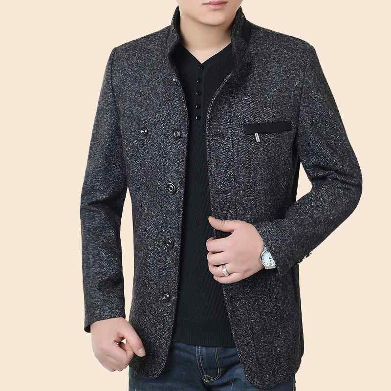 ジャケット メンズ 男性用 ウール混紡 ビジネス 紳士服 アウター 立襟 ミドル丈 春秋 カジュアル 黒 ブラック グレー ポケット