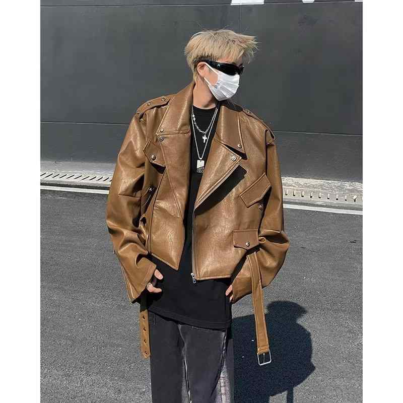 ジャケット メンズ 男性用 アメリカン ・稀色 スタッズ付き PUレザー ショート丈 ライダースジャケット ブルゾン 20代 30代 ストリート カジュアル ブラウン ブラック