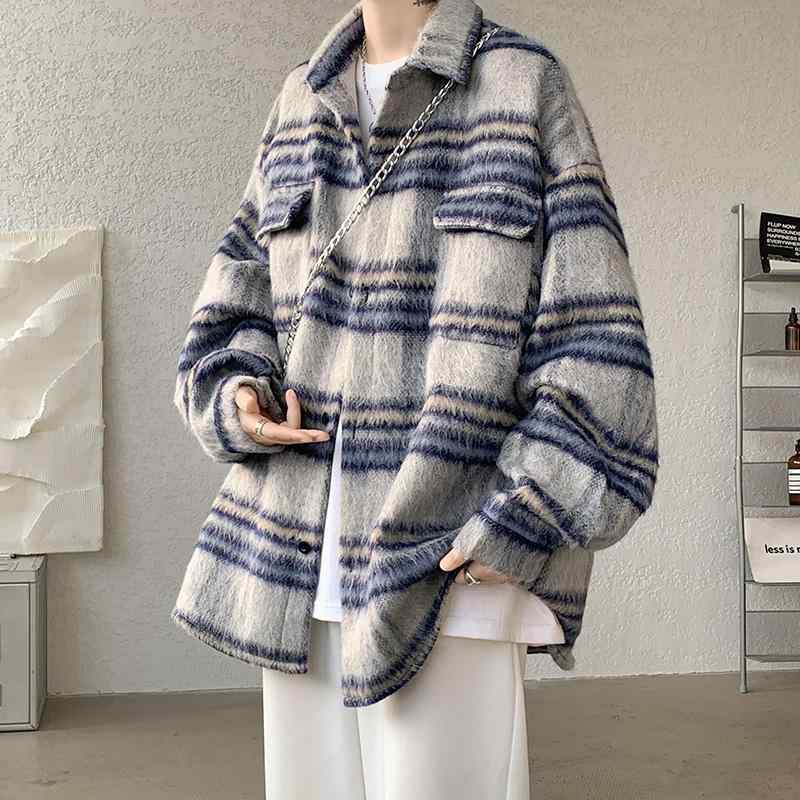 ジャケット 男性用 メンズ アウター 秋冬 磨毛 ストライプ ゆったり リラックス感 学院風 ブルゾン ジャンパー 上着 ポリエステル ブルー カーキ