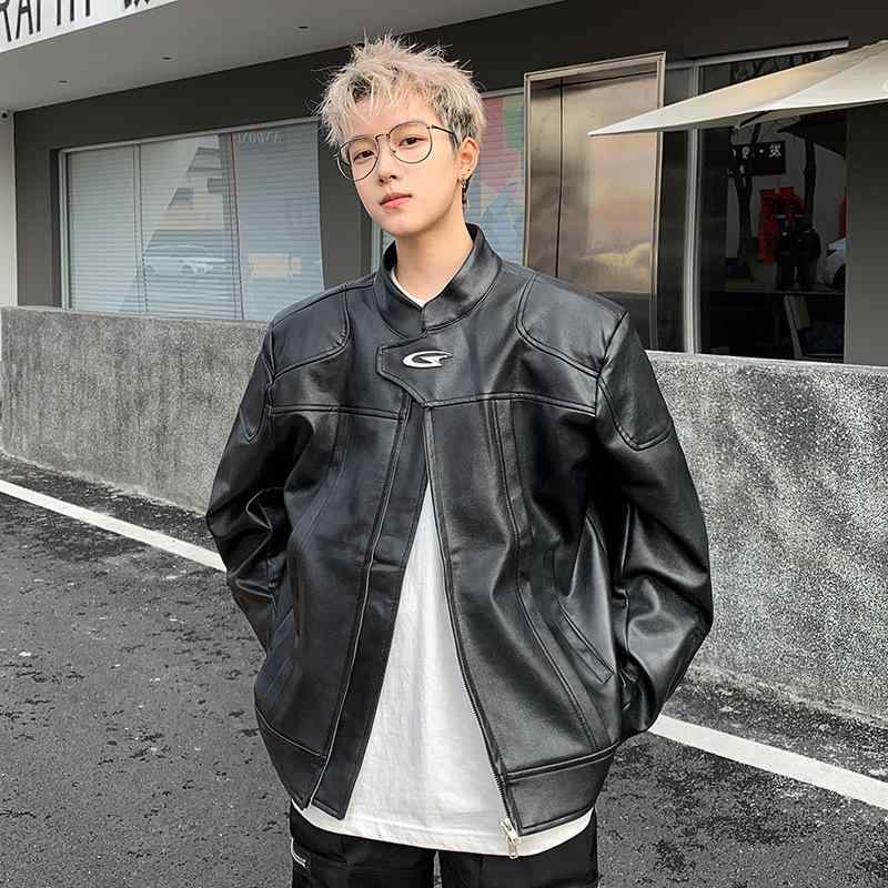 ジャケット 男性用 PUレザー ライダースジャケット 秋冬 立襟 ショート丈 メタル装飾 黒 白 M L XL XXL