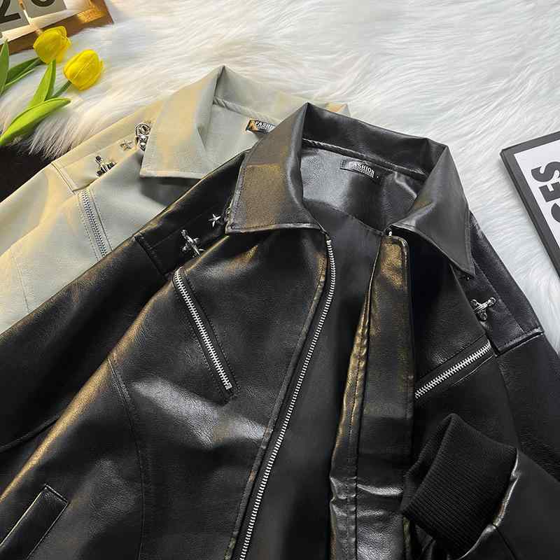 ジャケット メンズ PUレザー ライダースジャケット バイク アウター 春秋 ミドル丈 ルーズ 襟付き ダブルブレスト フェイクレザー ブラック オフホワイト
