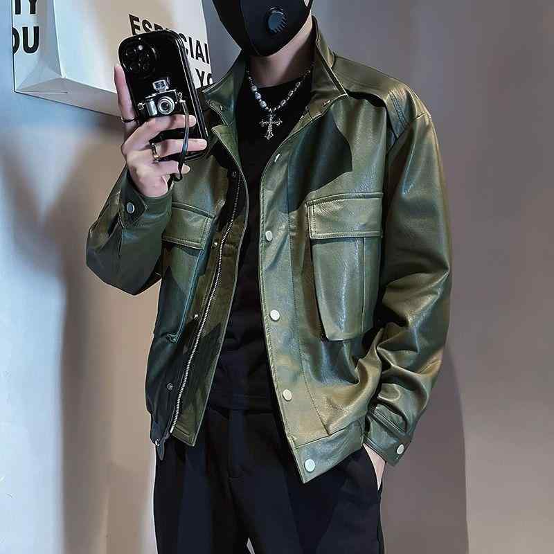 レザージャケット メンズ 男性用 PUレザー ライダースジャケット ブルゾン スタンドカラー 合皮 アウター ブラック 黒 緑 春秋 スタイリッシュ