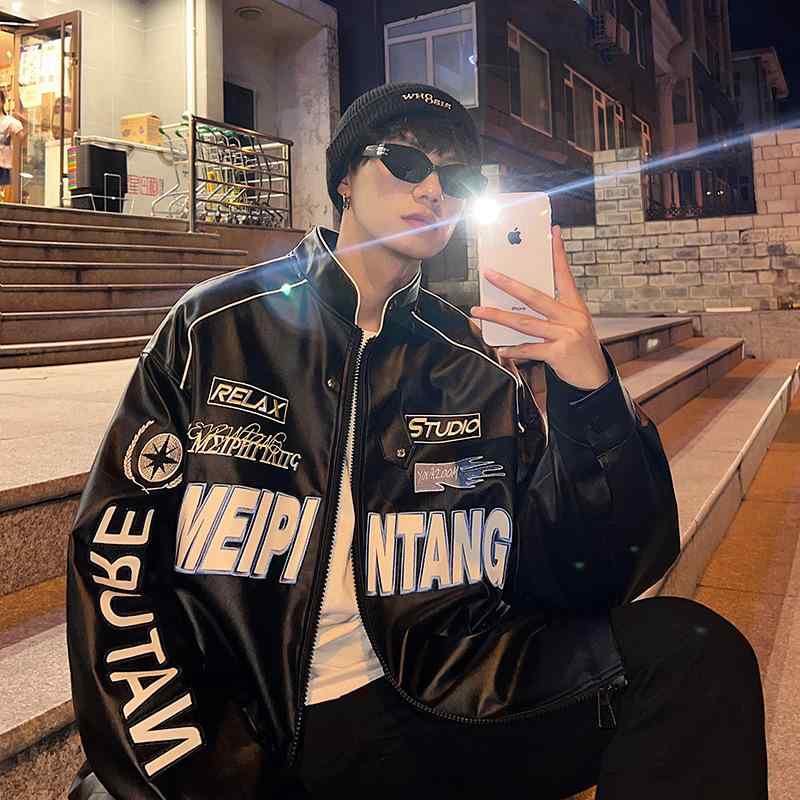 ジャケット 男性用 PUレザー 野球服 秋冬 バイク ウェア ゆったり ブラック ホワイト 4,276円