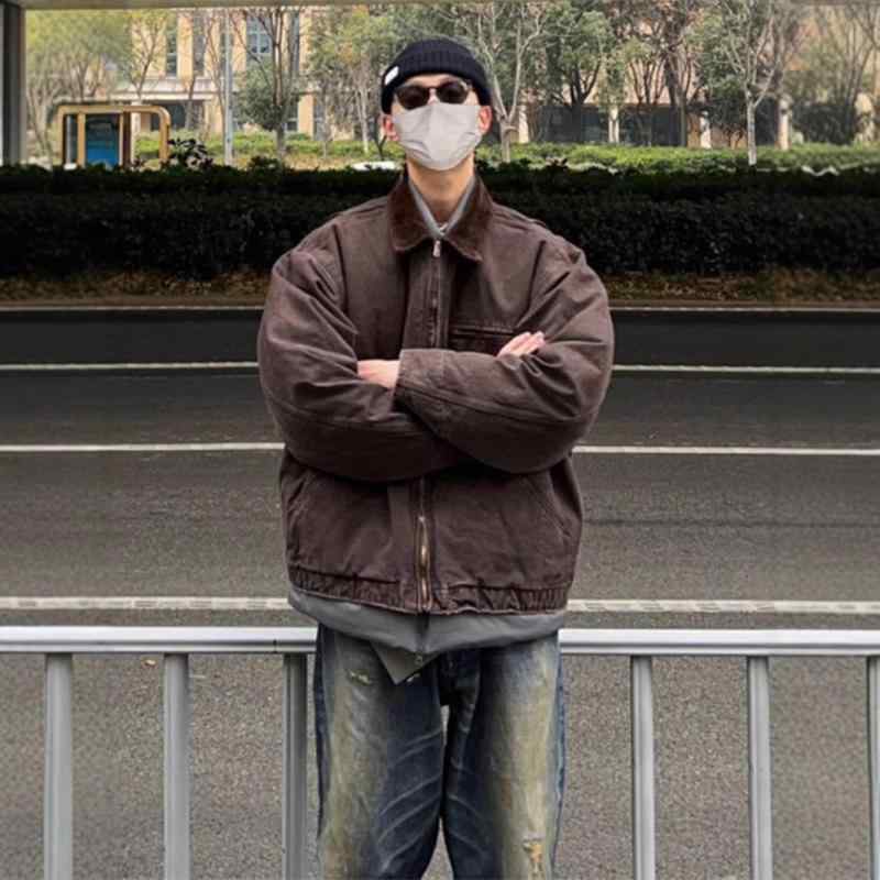 ジャケット メンズ 男性用 古着風 vintage ハリントンジャケット アメリカン レトロスタイル ブルゾン 立襟 配色 ポリエステル混紡 普段使い 春秋 ・稀・汲色 黒