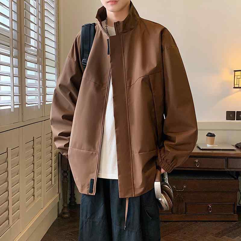 ジャケット 男性用 ブルゾン ゆったり 春秋 ポリエステル 無地 スタンドカラー アウター ポケット 黒 ブラック カーキ グレー ベージュ S M L XL 2XL 3XL
