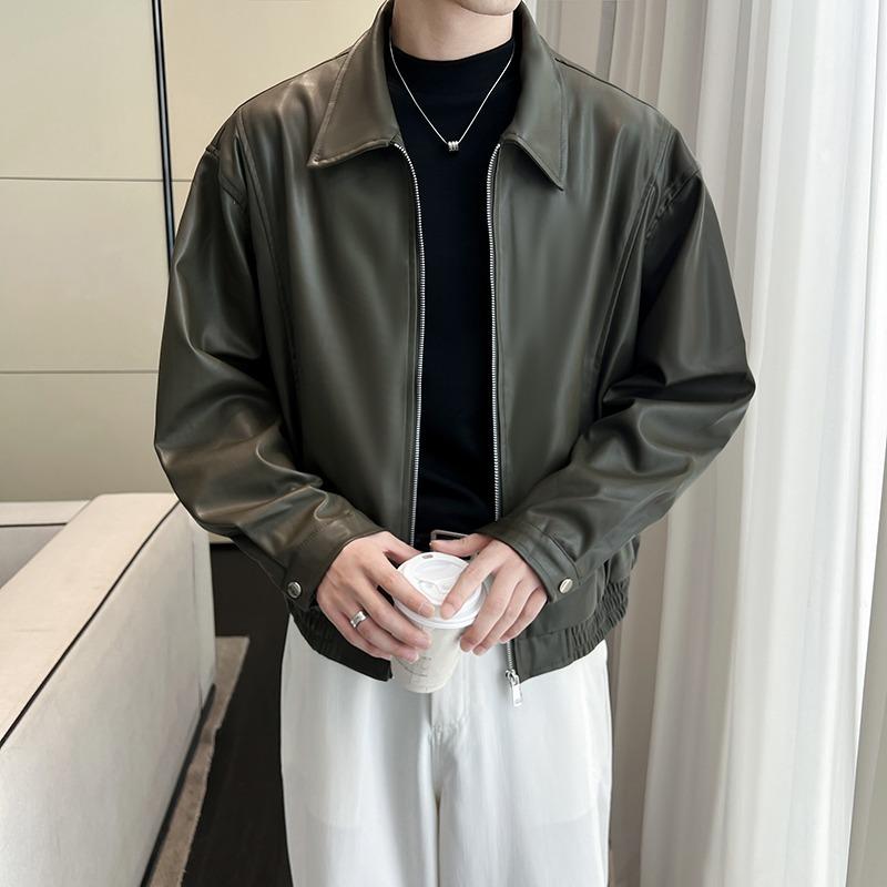 レザージャケット メンズ 韓国 ブルゾン ゆったり 翻襟 フェイクレザー アウター 春秋 耐摩耗性 防風 普段使い カジュアルスタイル グレー 黒
