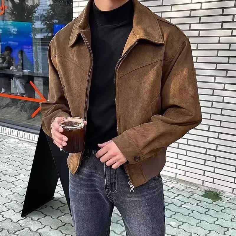 ジャケット メンズ 男性用 スエード ブルゾン 春秋 VINTAGE レトロスタイル ショート丈 普段使い 棕色 黒