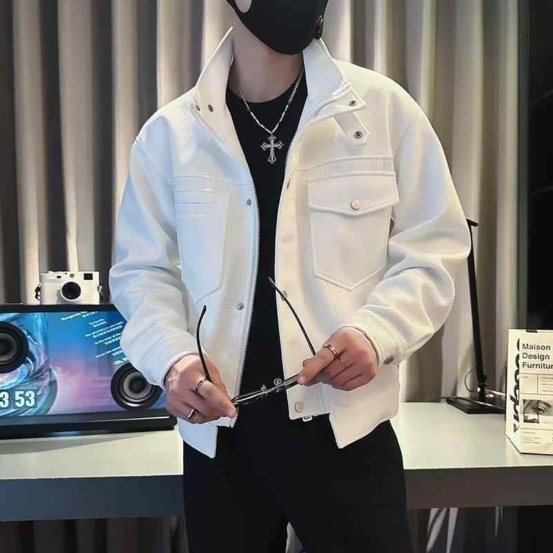 ジャケット 男性用 ブルゾン ジャンパー 立襟 普段使い 韓国 スリムフィット ポリエステル 無地 春秋 グリーン ホワイト ブラック