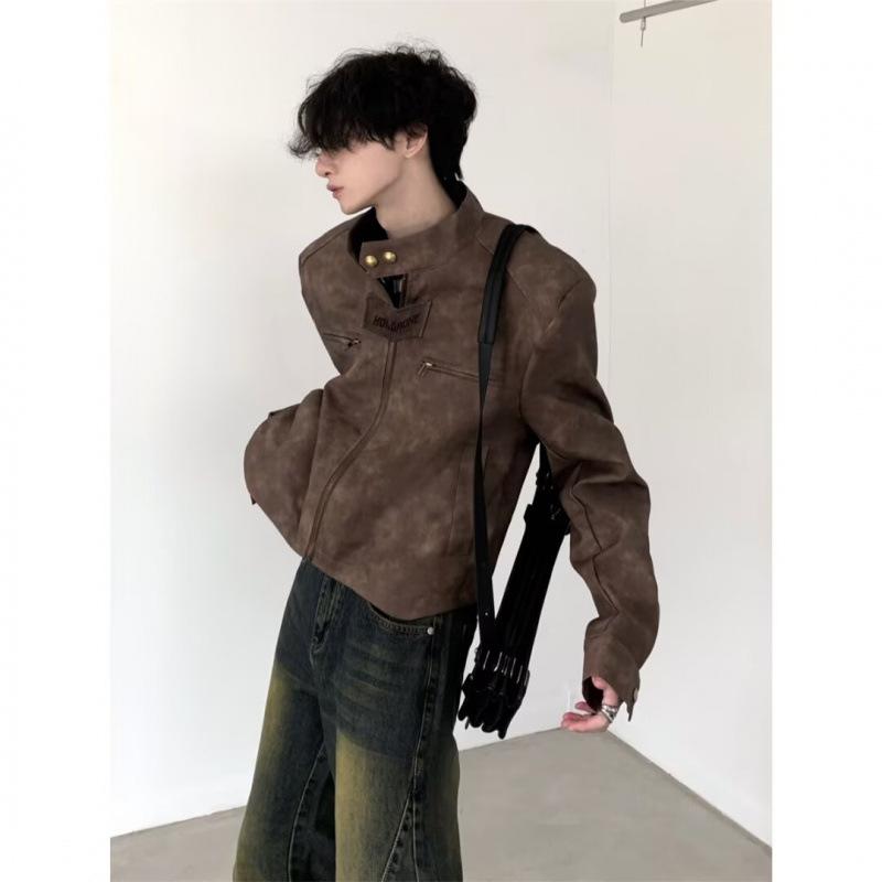 ジャケット 男性用 PUレザー 春秋 高見え ブルゾン ショート丈 レトロ ブラウン アウター