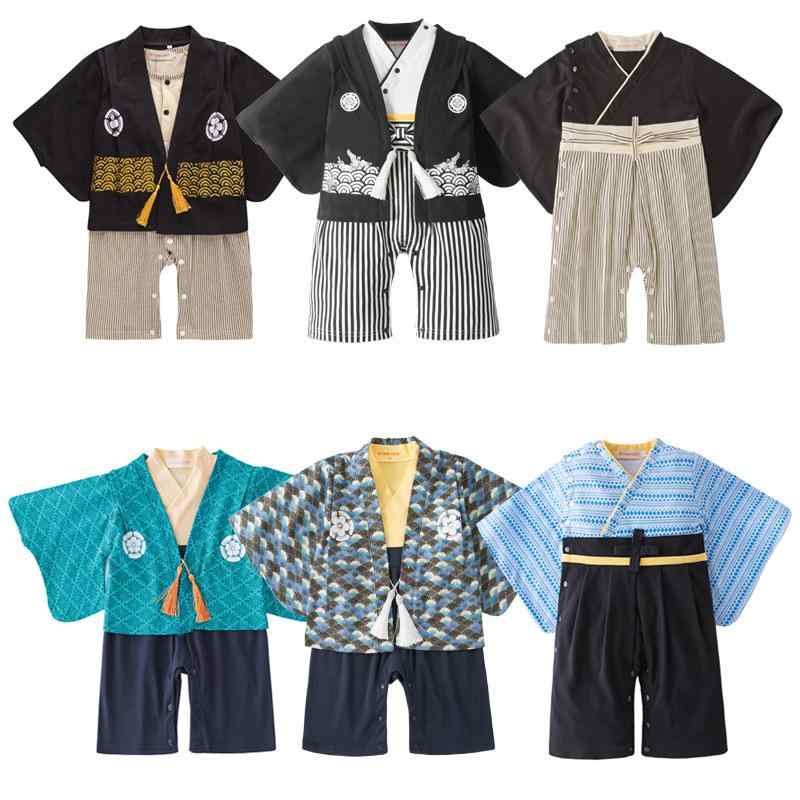 ベビー服 子供 和服 甚平 ロンパース カバーオール 春夏秋冬 男の子 男児 長袖 綿 コットン 日式 ブラック ブルー(x3)