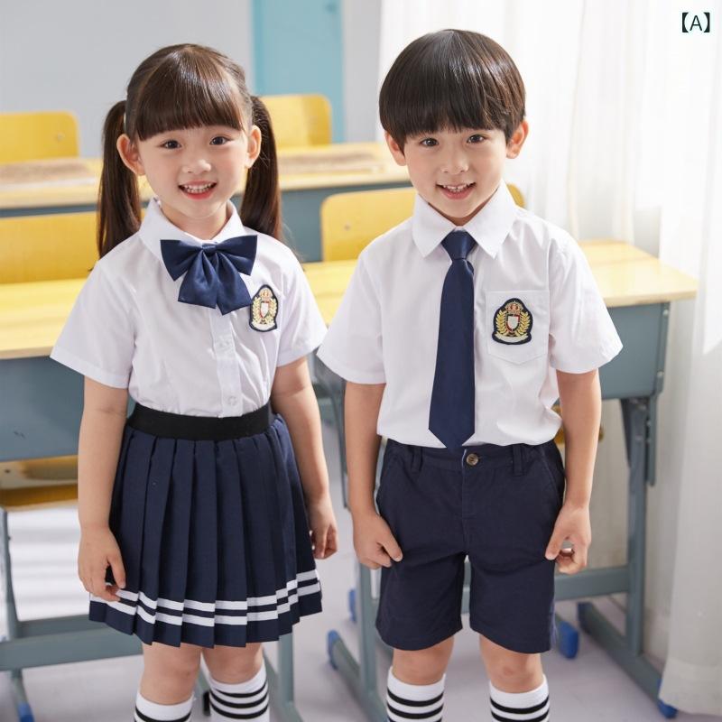 園児 スクールユニフォーム 夏用 半袖 短パン スカート セットアップ 小学生 制服 上下セット イングリッシュスタイル 卒業写真 発表会 紺 グレー 青 コットン(x2)