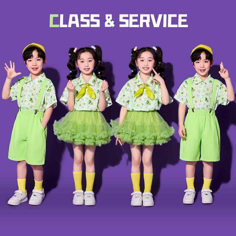 ダンス衣装 子供用 発表会 演出服 チアガール コスチューム 蛍光色 シャツ 短パン スカート セットアップ 舞台 イベント 合唱 団体服 ポリエステル 夏 グリーン系
