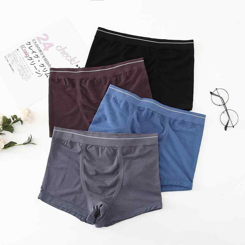 パンツ メンズ 男性用 紳士 下着 麻混 シームレス 中腰 ボクサーパンツ 平角 大寸 伸縮性 通気性 無地 黒 ブラック グレー ブラウン レッド ブルー(x3)