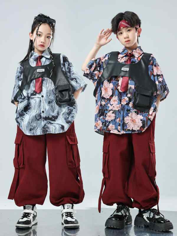 子供服 ダンス衣装 ヒップホップ セットアップ 男の子 女の子 半袖シャツ ベスト パンツ 酒紅 サスペンダー付き 舞台演出服 ストリートダンス カジュアル 綿 春夏